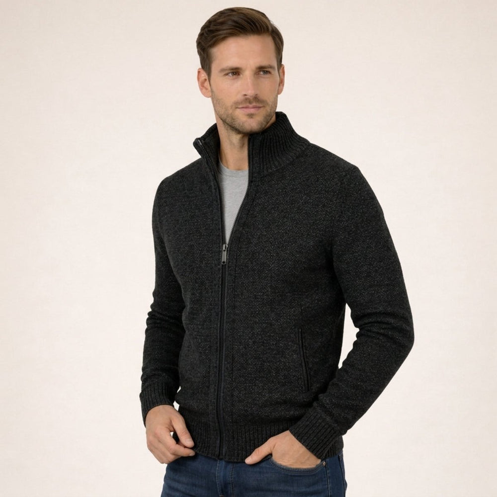 Men's Merino Wool Full-Zip Mock-Neck Sweater - Black
