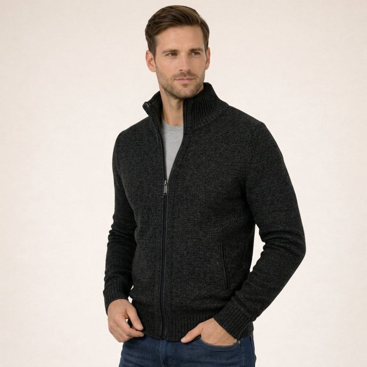 Men's Merino Wool Full-Zip Mock-Neck Sweater - Black