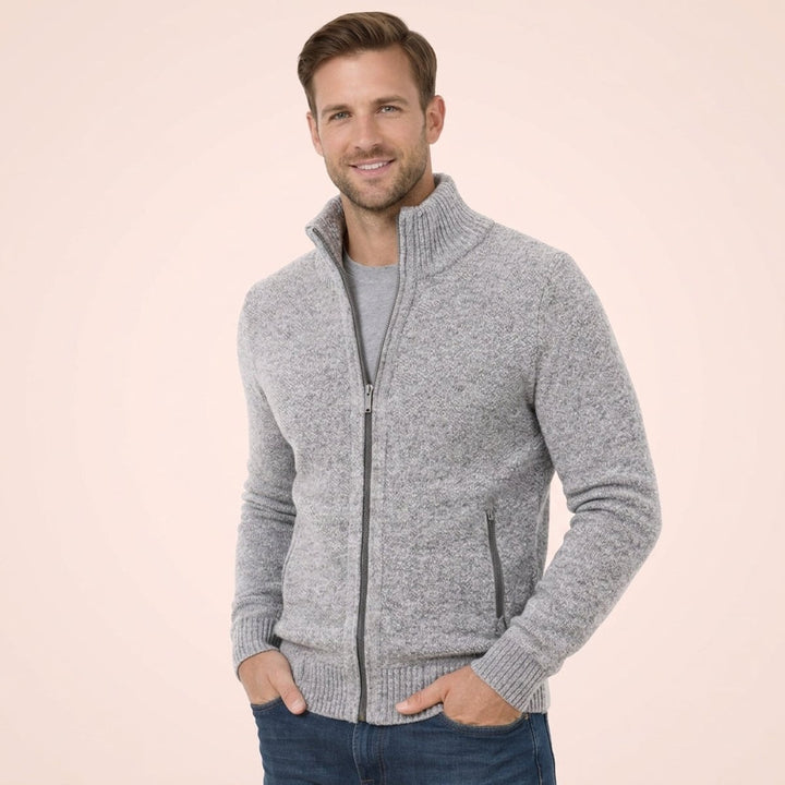 Men's Merino Wool Full-Zip Mock-Neck Sweater - Gray