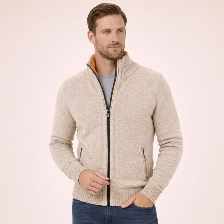 Men's Merino Wool Full-Zip Mock-Neck Sweater - Cream