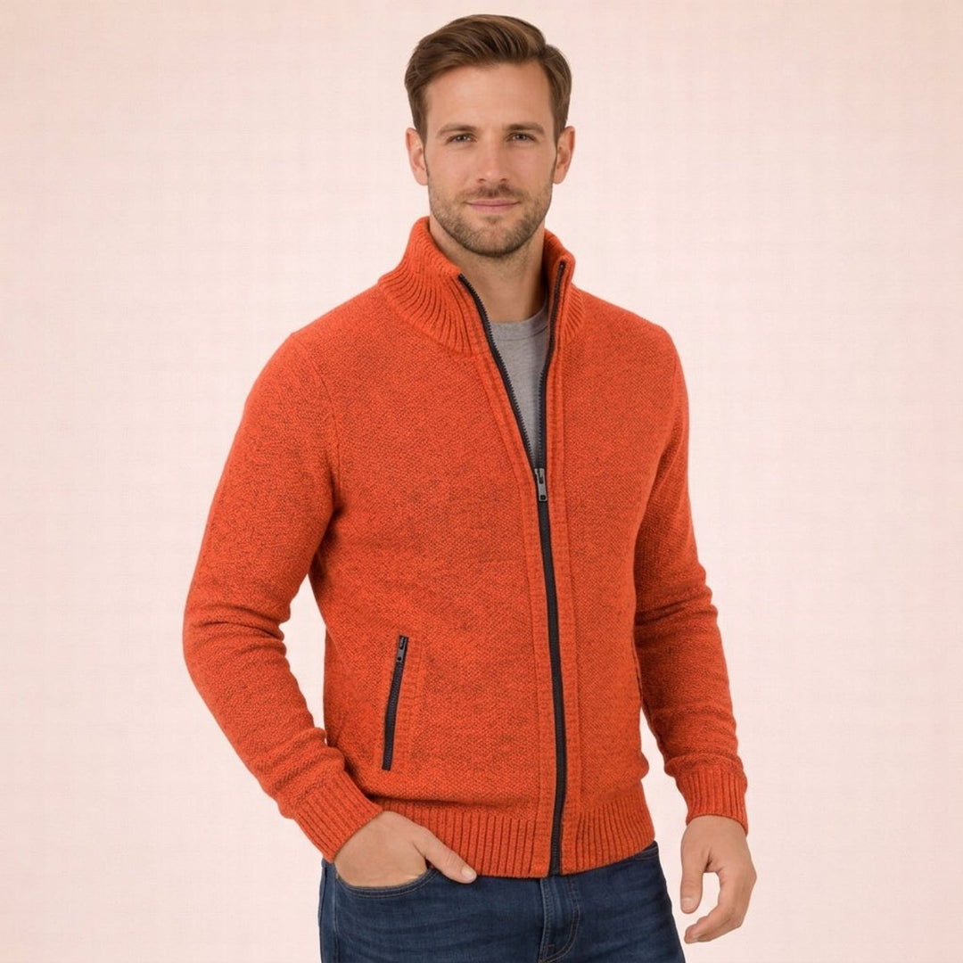 Men's Merino Wool Full-Zip Mock-Neck Sweater - Orange