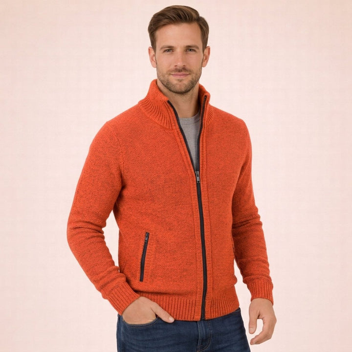 Men's Merino Wool Full-Zip Mock-Neck Sweater - Orange