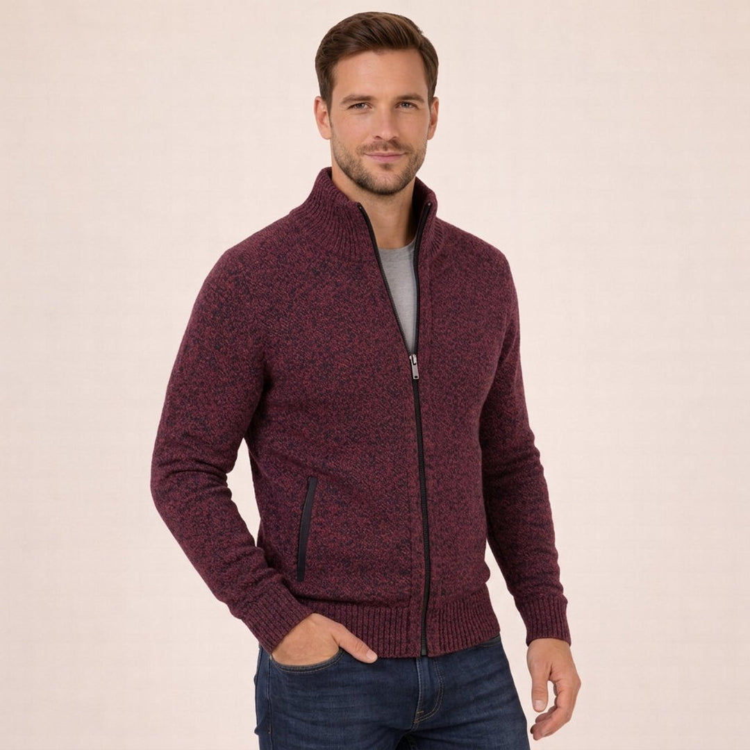 Men's Merino Wool Full-Zip Mock-Neck Sweater - Burgundy