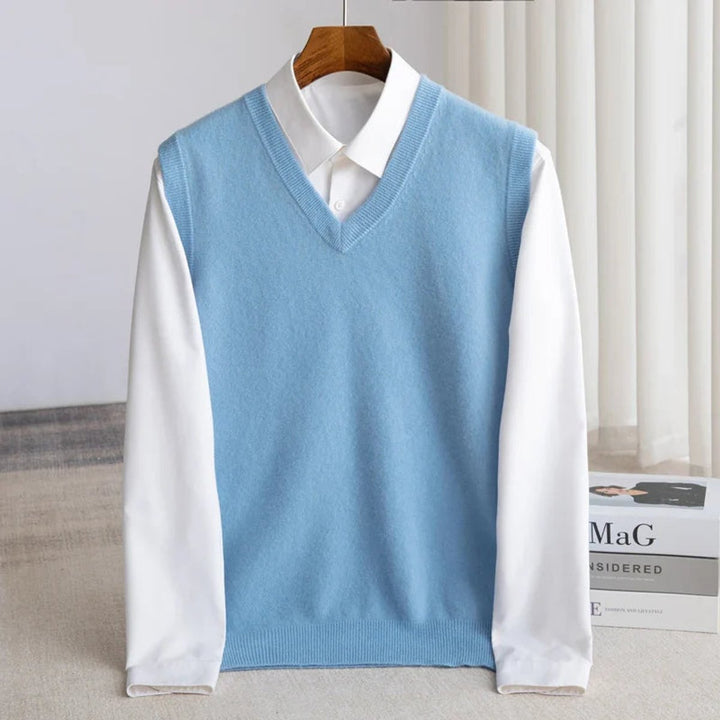Men's Merino Wool V-Neck Sweater Vest Lightweight Knit - Blue