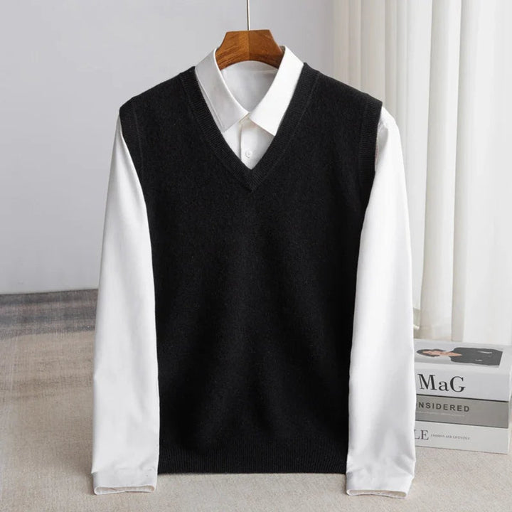 Men's Merino Wool V-Neck Sweater Vest Lightweight Knit - Black