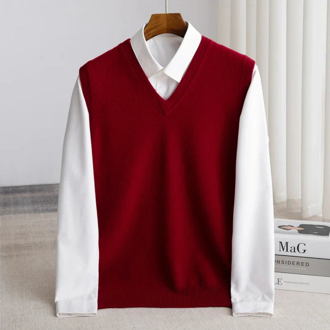 Men's Merino Wool V-Neck Sweater Vest Lightweight Knit - Burgundy