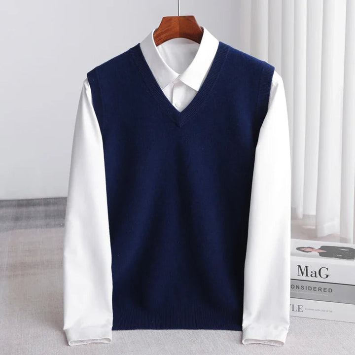 Men's Merino Wool V-Neck Sweater Vest Lightweight Knit - Navy Blue