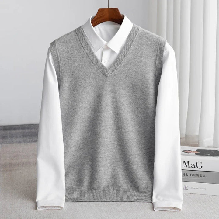 Men's Merino Wool V-Neck Sweater Vest Lightweight Knit - Gray