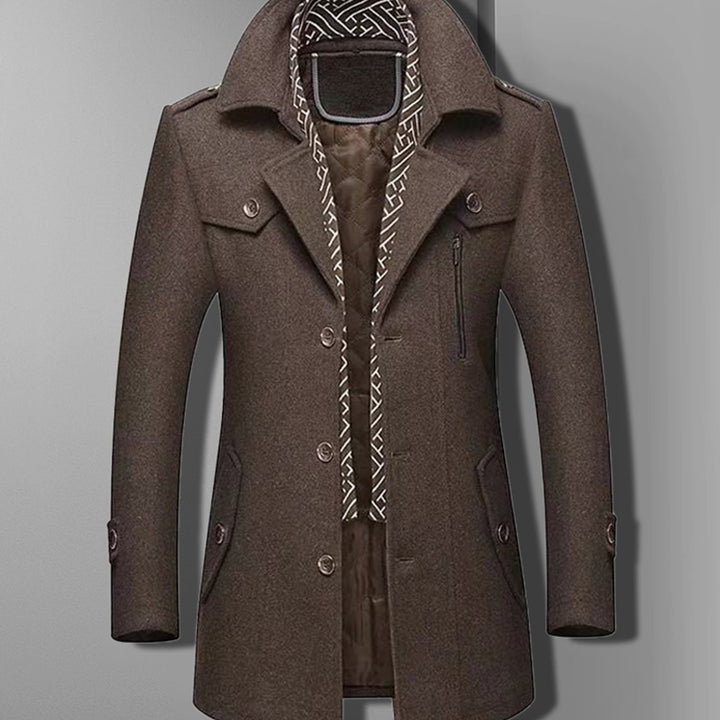 Men's Military Style Overcoat Double-Breasted Epaulette Wool-Blend Coat - Brown