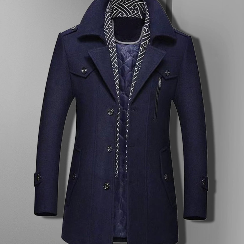 Men's Military Style Overcoat Double-Breasted Epaulette Wool-Blend Coat - Blue