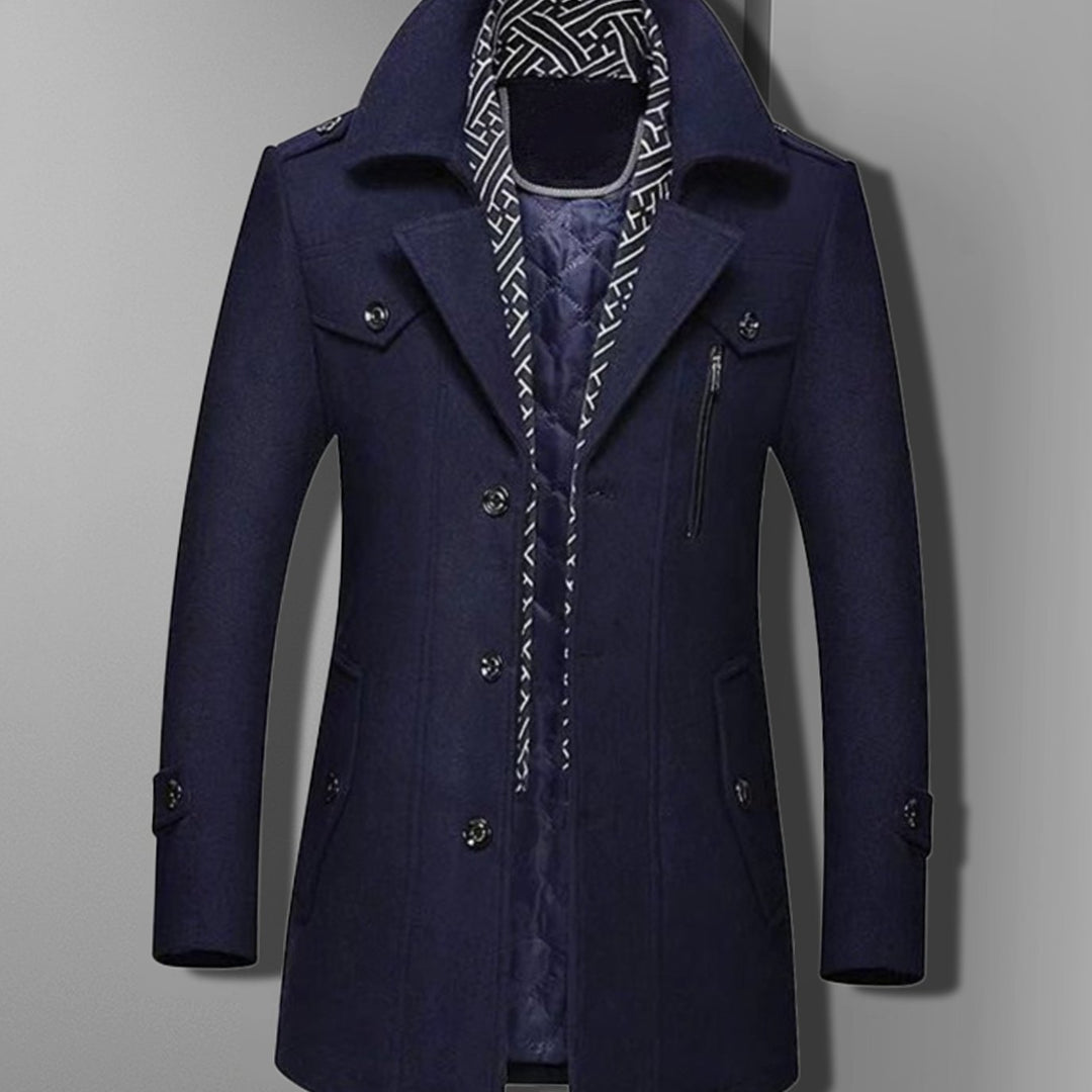 Men's Military Style Overcoat Double-Breasted Epaulette Wool-Blend Coat - Blue
