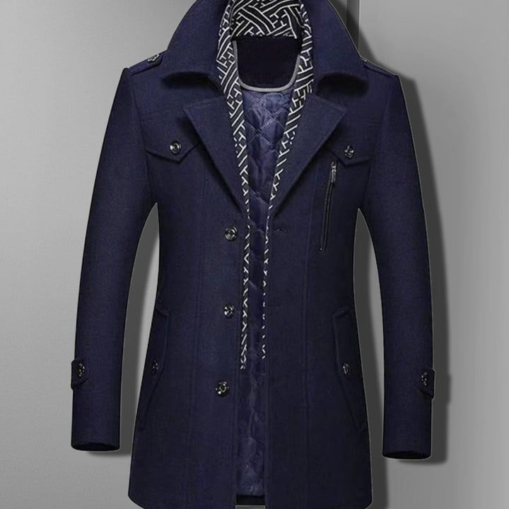 Men's Military Style Overcoat Double-Breasted Epaulette Wool-Blend Coat - Blue