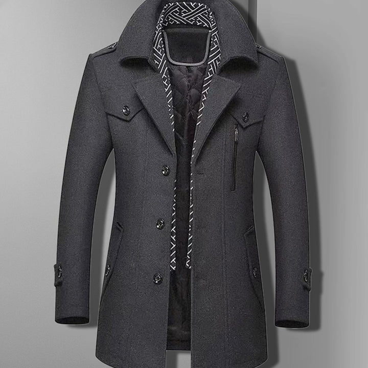 Men's Military Style Overcoat Double-Breasted Epaulette Wool-Blend Coat - Grey