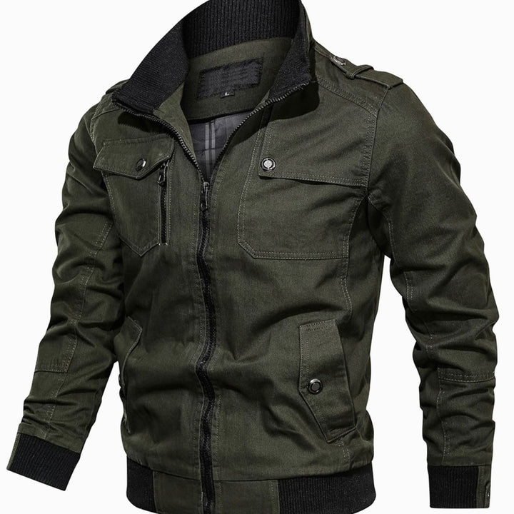 Men's Multi-Pocket Military-Style Zip-Up Bomber Jacket - Army Green