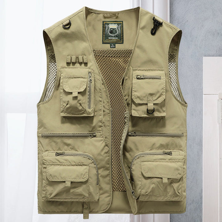 Men's Multi-Pocket Outdoor Zip-Up Mesh-Back Gilet - Khaki