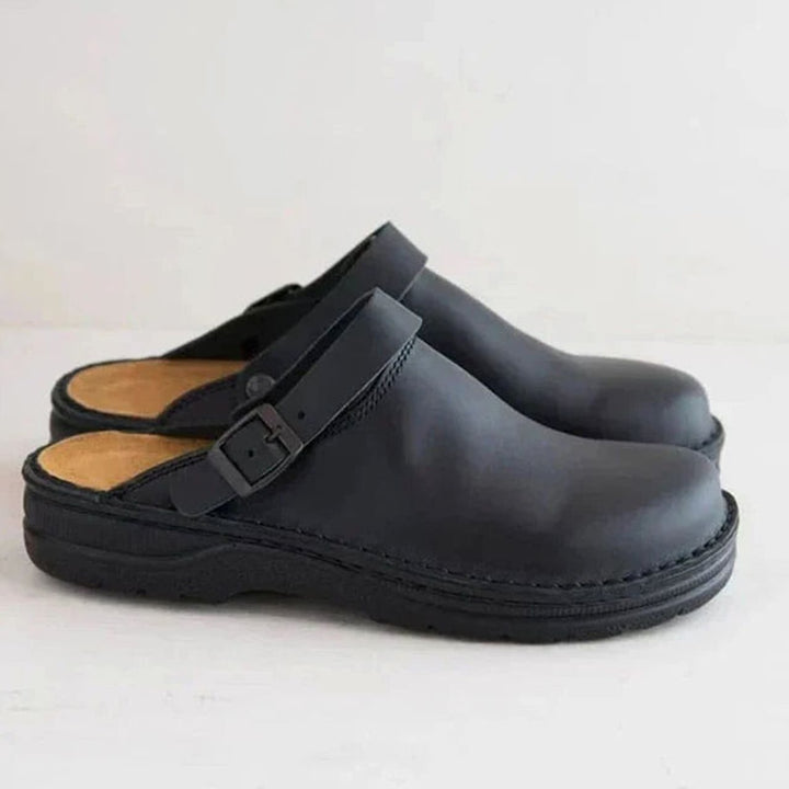 Men's Orthopedic Buckle Leather Slip-On Clogs - Black