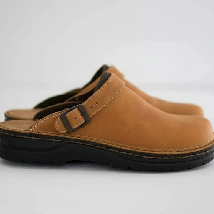 Men's Orthopedic Buckle Leather Slip-On Clogs - Coffee