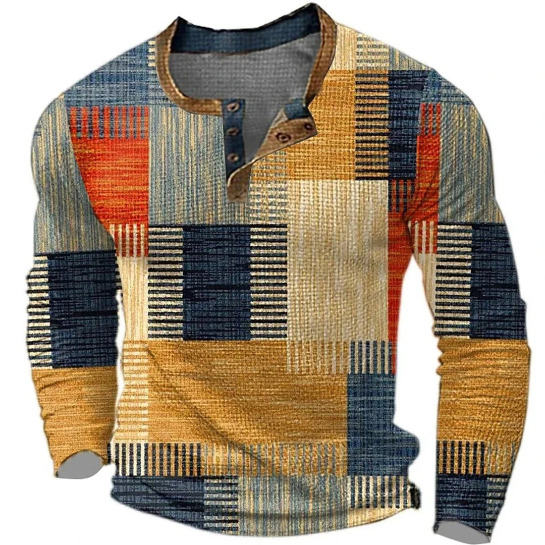 Men's Patchwork Print Long-Sleeve Henley Shirt - Brown