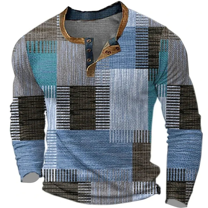 Men's Patchwork Print Long-Sleeve Henley Shirt - Blue