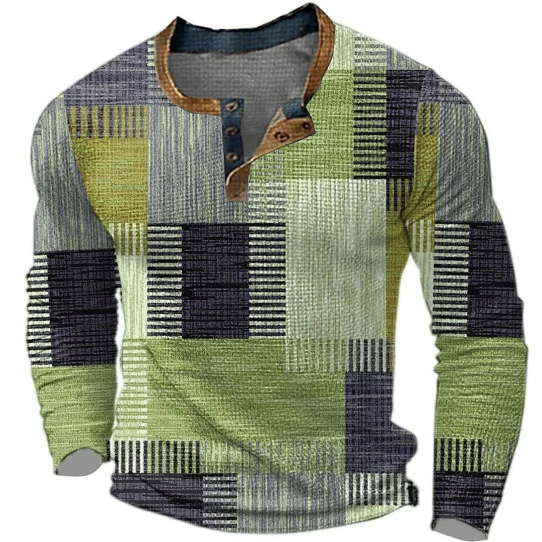 Men's Patchwork Print Long-Sleeve Henley Shirt - Green