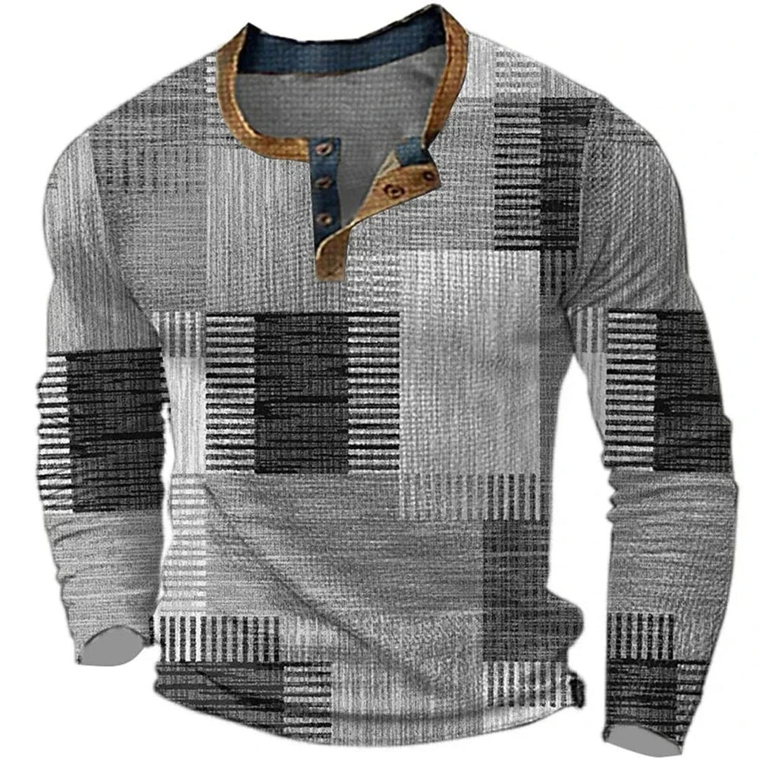 Men's Patchwork Print Long-Sleeve Henley Shirt - Gray