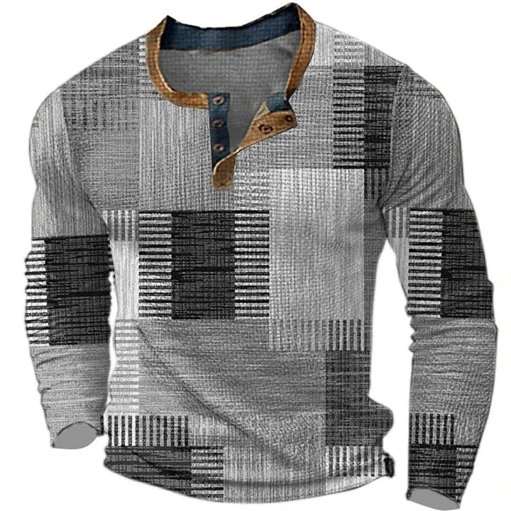 Men's Patchwork Print Long-Sleeve Henley Shirt - Gray