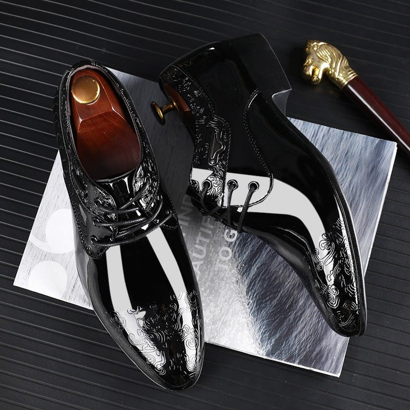 Men's Patent Leather Embossed Lace-Up Formal Derby Shoes - Black