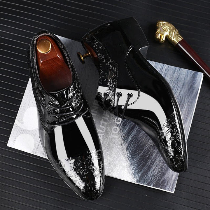 Men's Patent Leather Embossed Lace-Up Formal Derby Shoes - Black