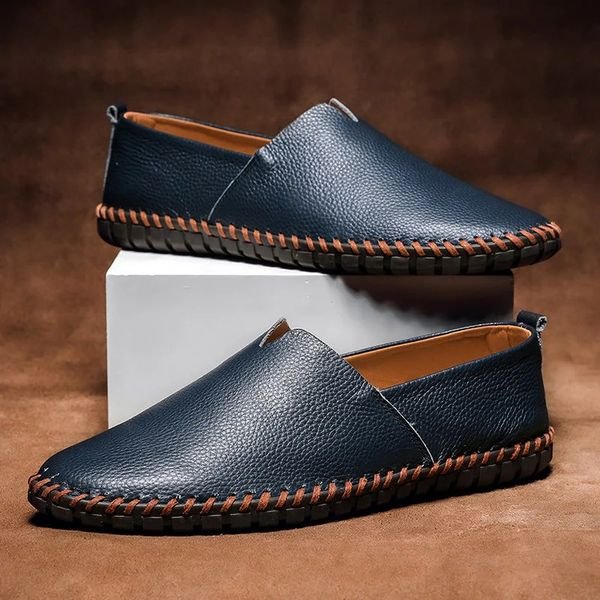 Men's Pebbled-Grain Leather Slip-On Whipstitch Loafers - Navy