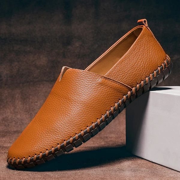 Men's Pebbled-Grain Leather Slip-On Whipstitch Loafers - Caramel