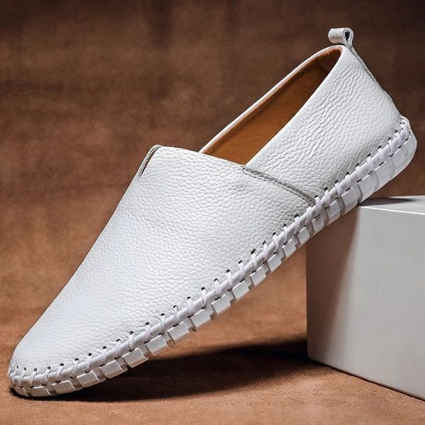 Men's Pebbled-Grain Leather Slip-On Whipstitch Loafers - White