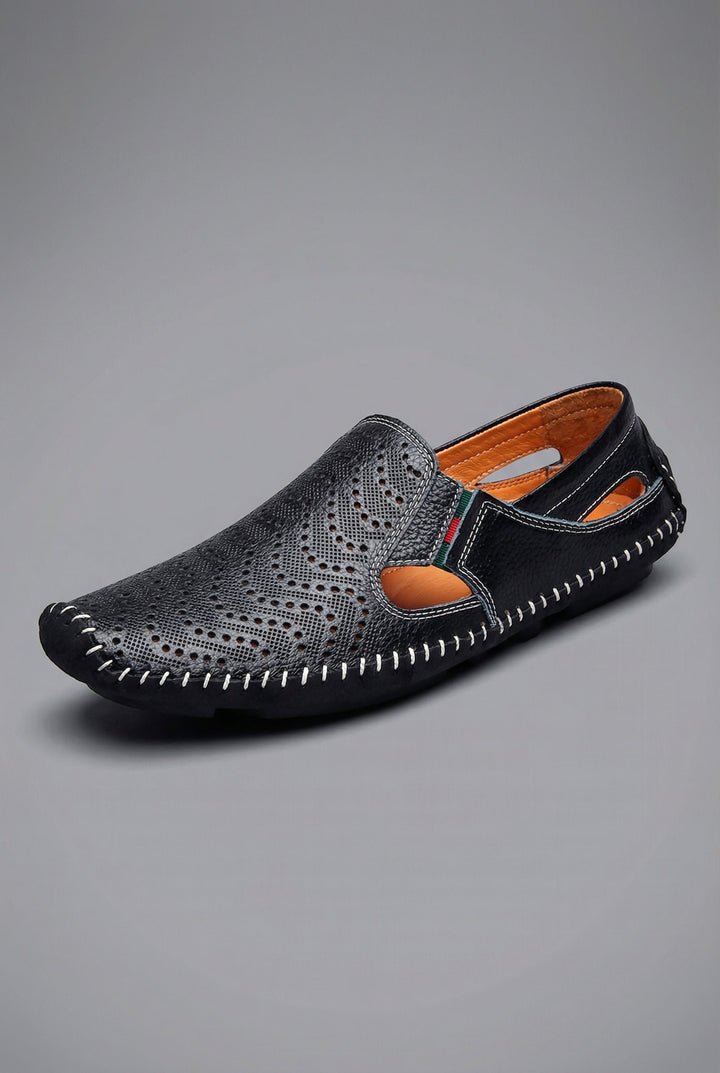 Men's Perforated Slip-On Breathable Casual Driving Loafers - Black