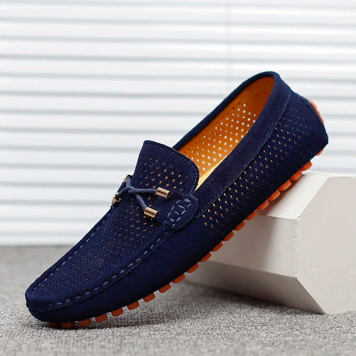 Men's Perforated Suede Slip-On Loafers Metal Bow Detail - Blau
