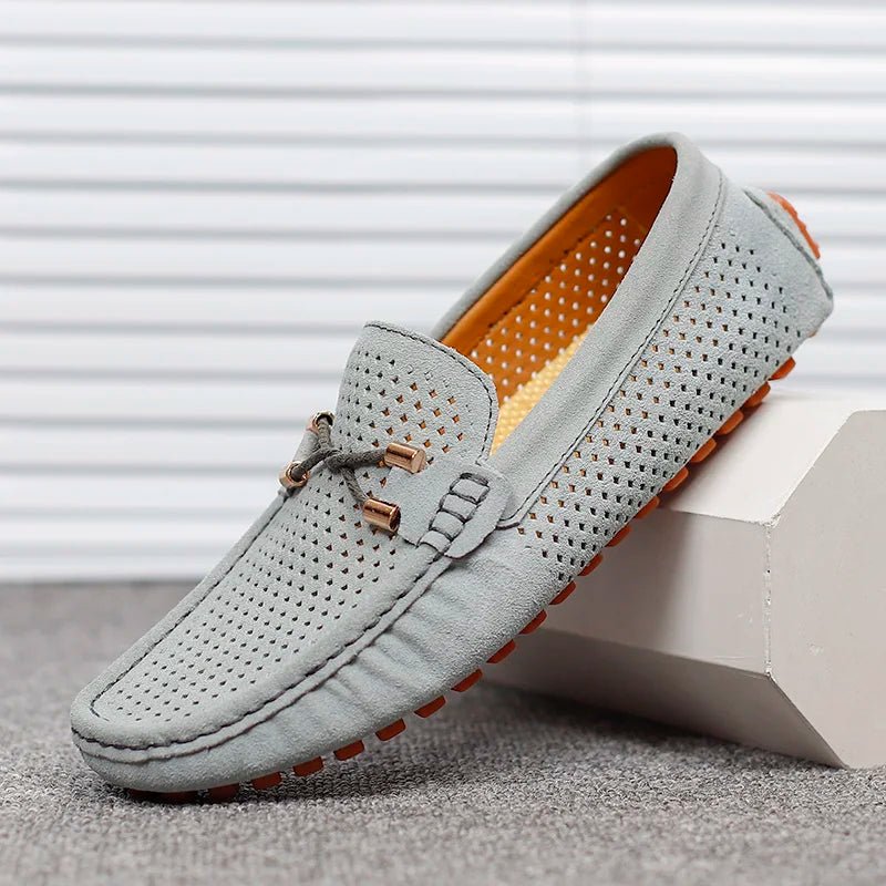 Men's Perforated Suede Slip-On Loafers Metal Bow Detail - Grau