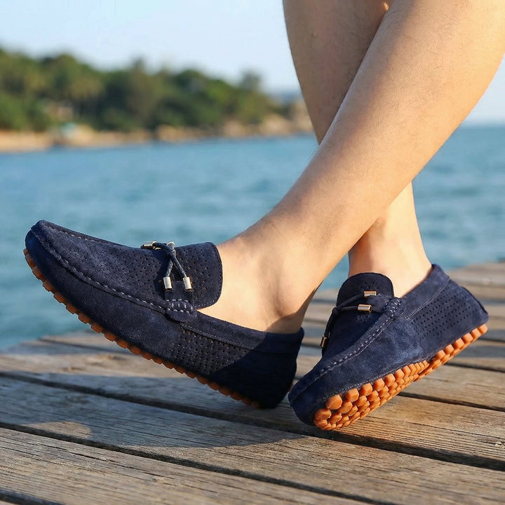 Men's Perforated Suede Slip-On Loafers Metal Bow Detail