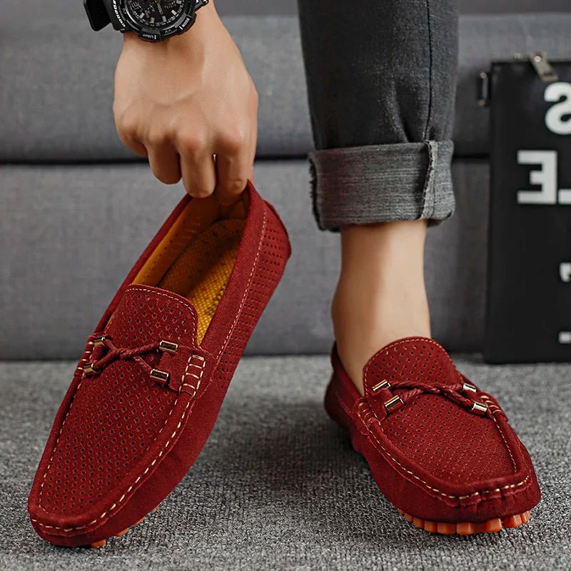 Men's Perforated Suede Slip-On Loafers Metal Bow Detail
