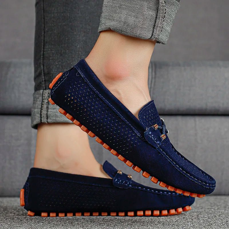 Men's Perforated Suede Slip-On Loafers Metal Bow Detail