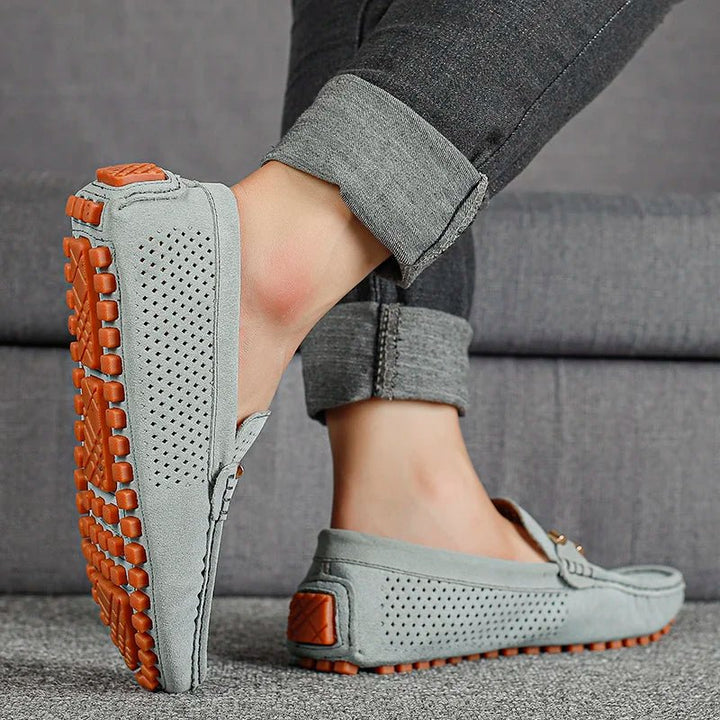 Men's Perforated Suede Slip-On Loafers Metal Bow Detail
