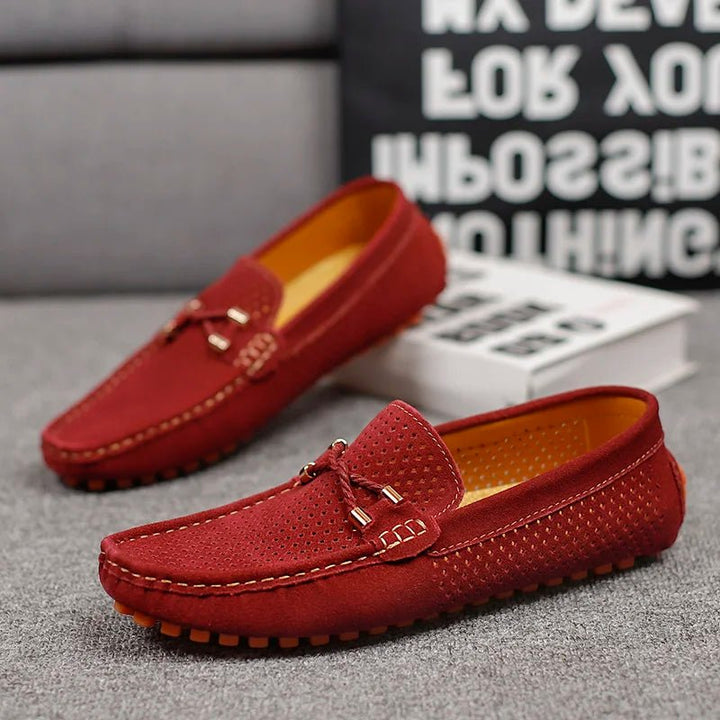 Men's Perforated Suede Slip-On Loafers Metal Bow Detail