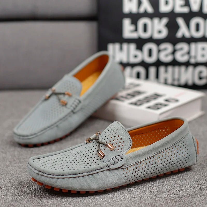 Men's Perforated Suede Slip-On Loafers Metal Bow Detail