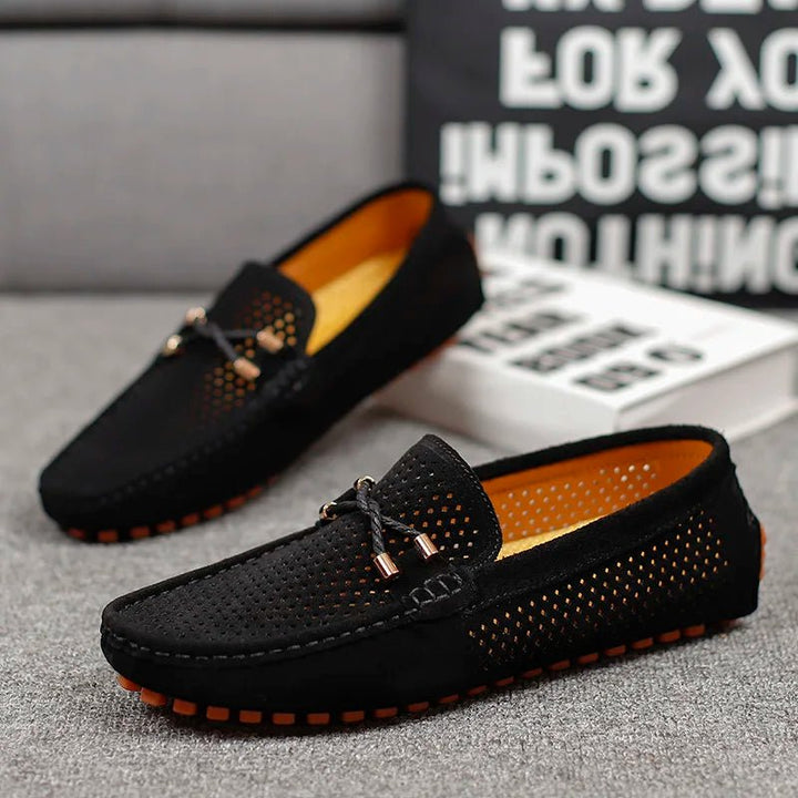 Men's Perforated Suede Slip-On Loafers Metal Bow Detail