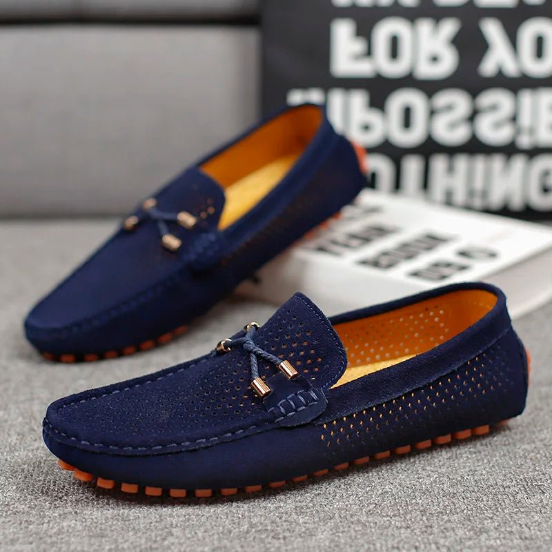 Men's Perforated Suede Slip-On Loafers Metal Bow Detail