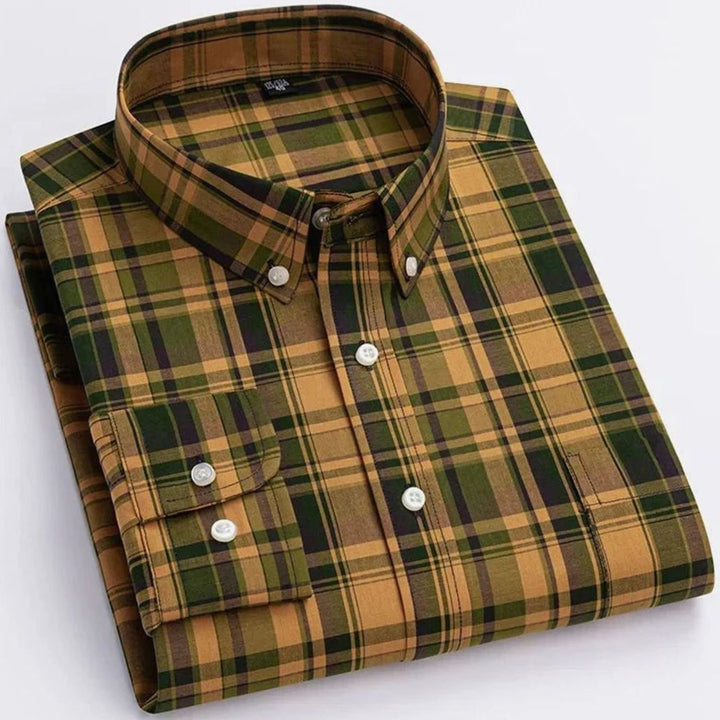 Men's Plaid Long-Sleeve Button-Down Shirt Chest Pocket - Brown