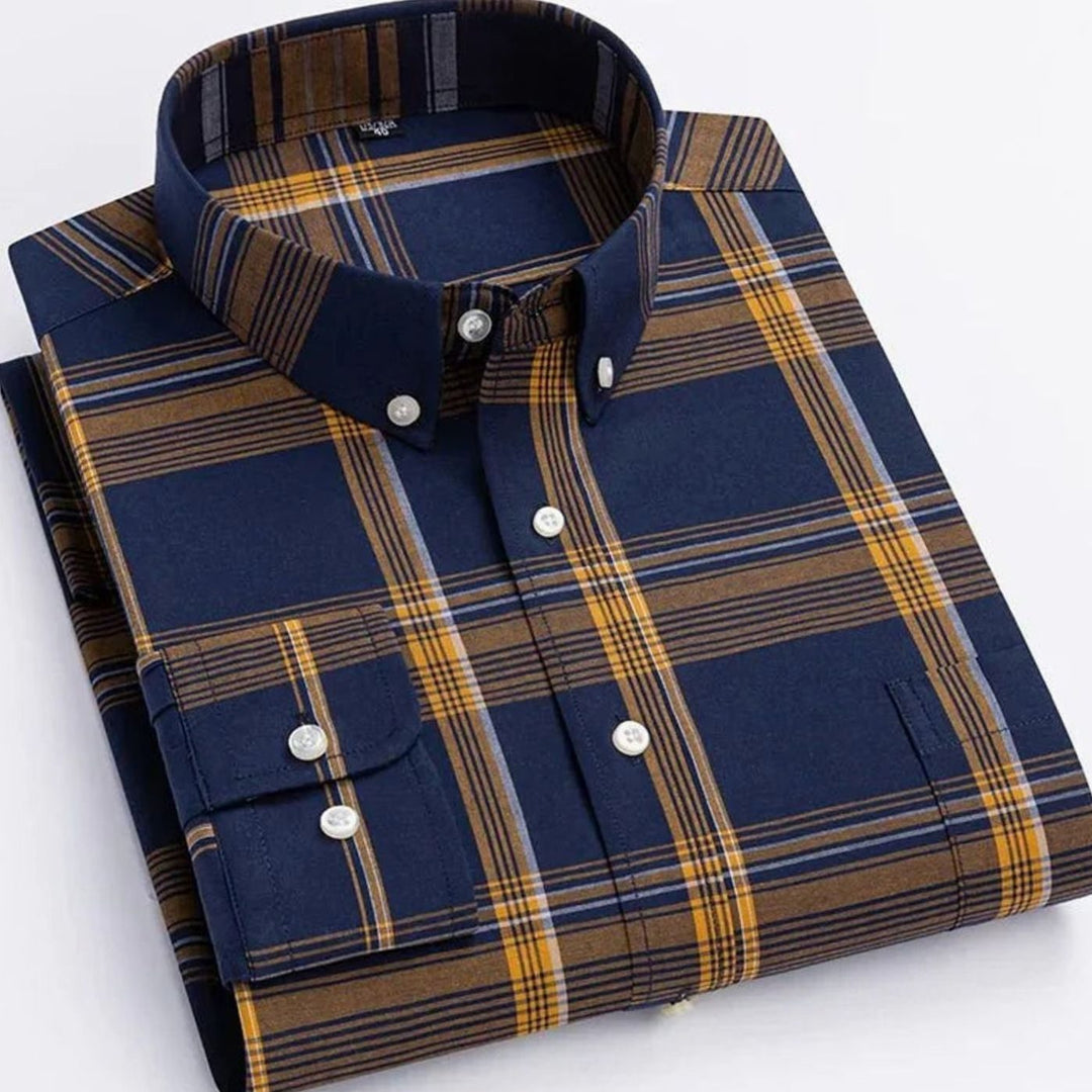 Men's Plaid Long-Sleeve Button-Down Shirt Chest Pocket - Dark Blue