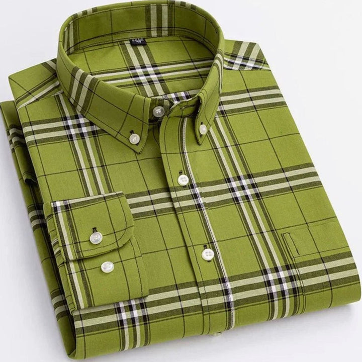 Men's Plaid Long-Sleeve Button-Down Shirt Chest Pocket - Green