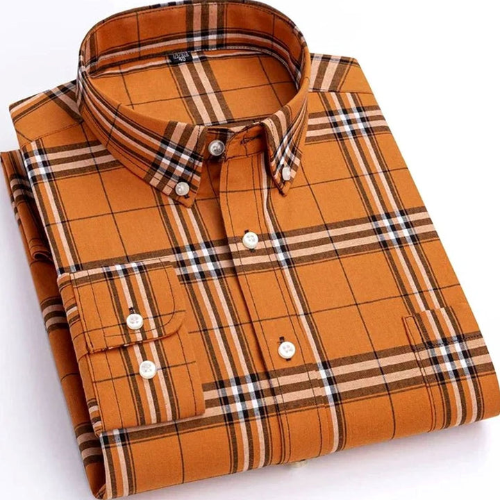 Men's Plaid Long-Sleeve Button-Down Shirt Chest Pocket - Orange