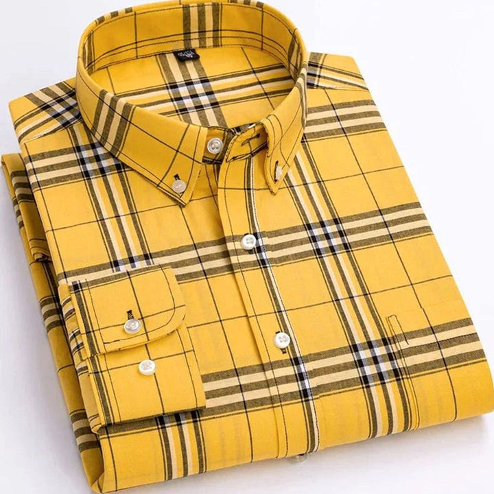 Men's Plaid Long-Sleeve Button-Down Shirt Chest Pocket - Yellow