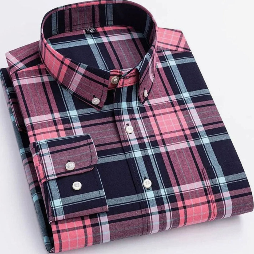 Men's Plaid Long-Sleeve Button-Down Shirt Chest Pocket - Pink