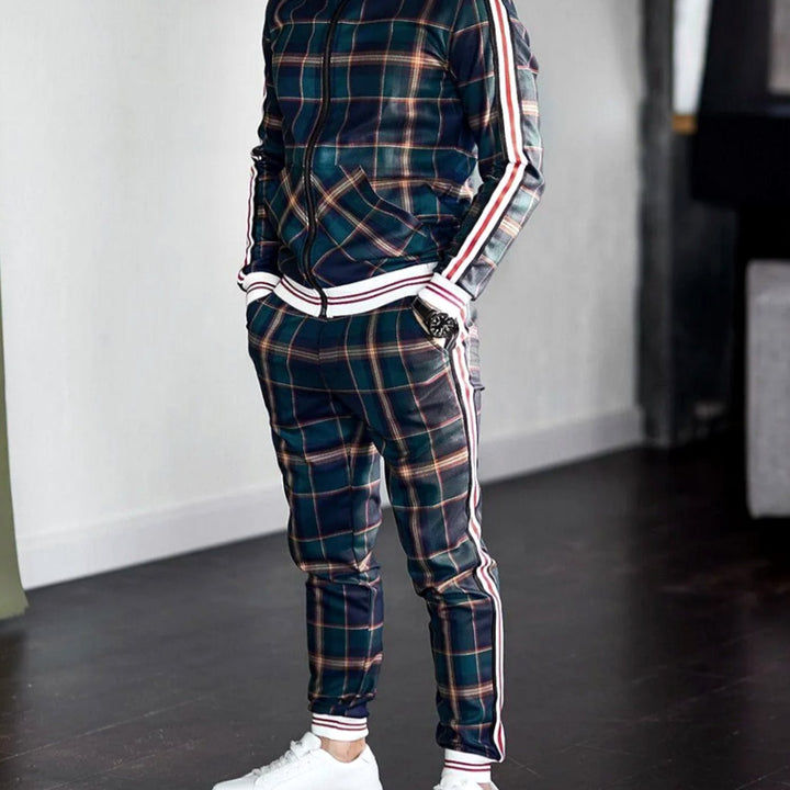 Men's Plaid Two-Piece Zip-Up Jogging Tracksuit - Green