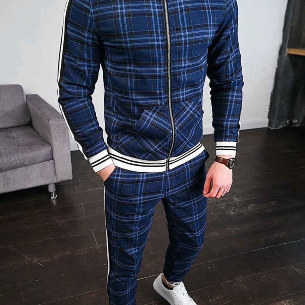 Men's Plaid Two-Piece Zip-Up Jogging Tracksuit - Blue